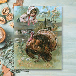 Cute Vintage Farm Girl with Thanksgiving Turkey Postcard<br><div class="desc">Charming nostalgic restored vintage Thanksgiving greeting card featuring cute farm girl in bonnet on a rustic fence watching a plump Tom turkey with farm house in the distance and gold Thanksgiving Day greeting.</div>