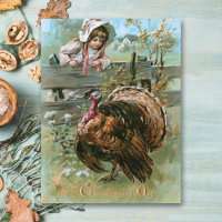 Cute Vintage Farm Girl with Thanksgiving Turkey