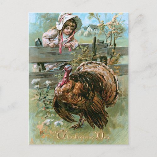 Cute Vintage Farm Girl with Thanksgiving Turkey Postcard