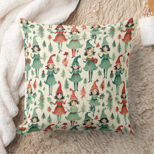 Cute Vintage Female Elves Christmas Seasonal Throw Pillow