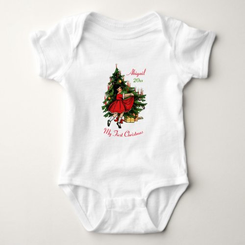 Cute Vintage First Christmas with Year and Name Baby Bodysuit