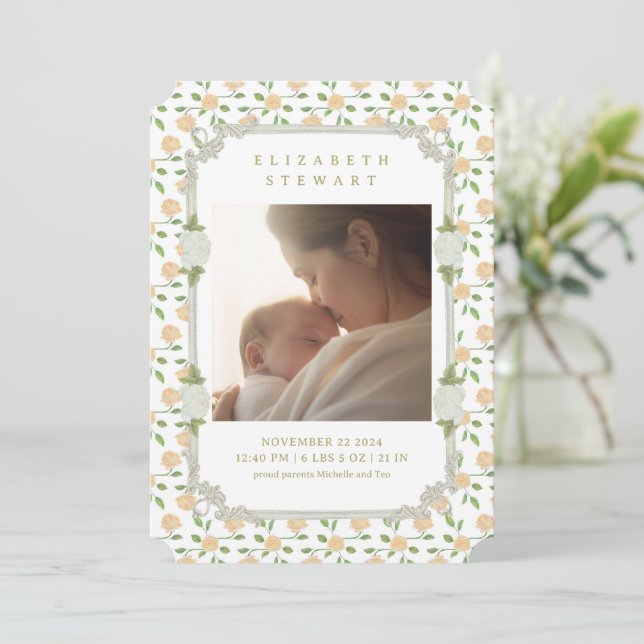 Cute Vintage Floral 2 Photo Birth Announcement (Standing Front)