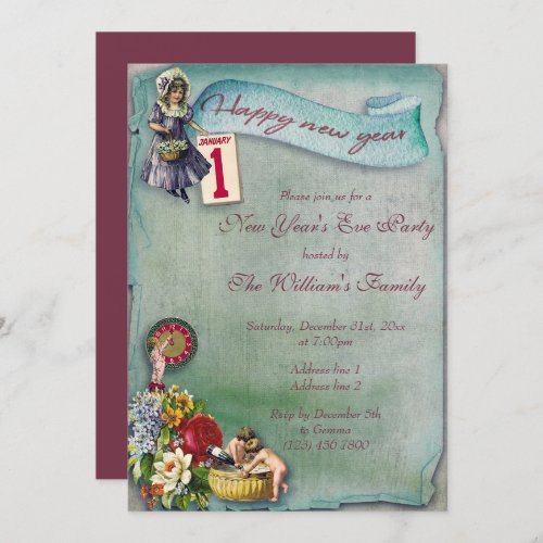 Cute Vintage Floral New Years Eve Invitation
