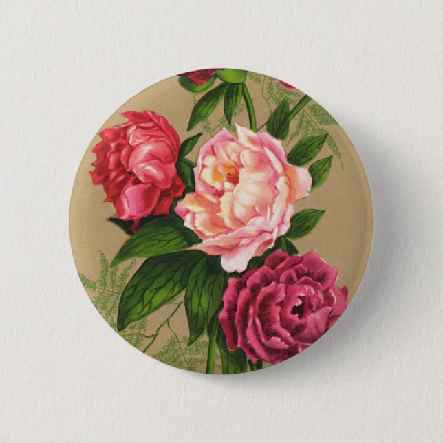 Cute Vintage Floral Pink Roses Pinback Button (Front)