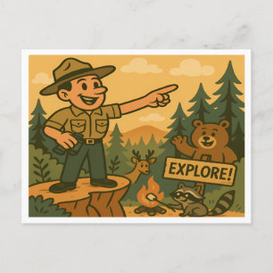 Cute Vintage Forest Park Woodland Animal Camping Postcard