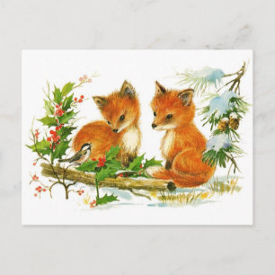 Cute Vintage Fox Christmas Scene Holiday Postcard