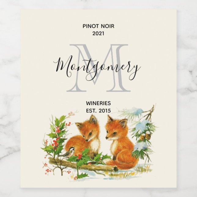 Cute Vintage Foxes Christmas Scene Wine Making Label (Single Label)