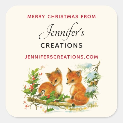 Cute Vintage Foxes Merry Christmas Business Square Sticker