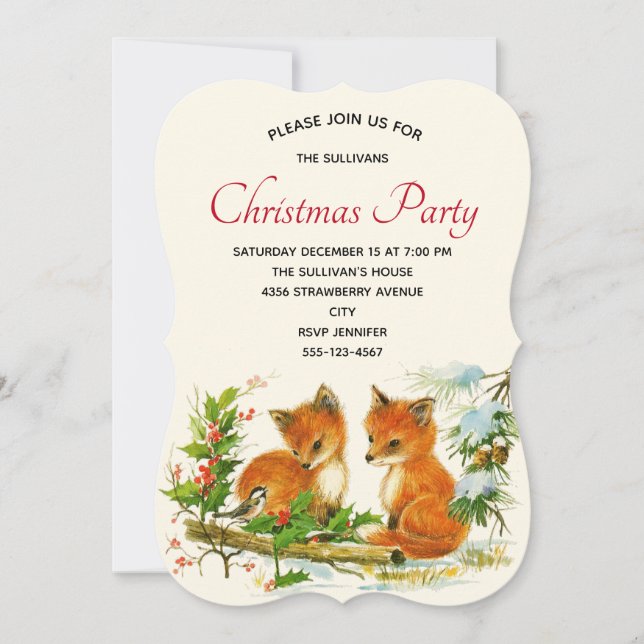 Cute Vintage Foxes Retro Christmas Party Invitation (Front)