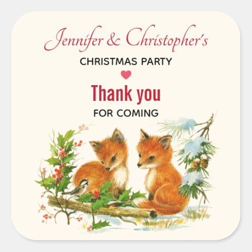 Cute Vintage Foxes Retro Christmas Party Thank You Square Sticker