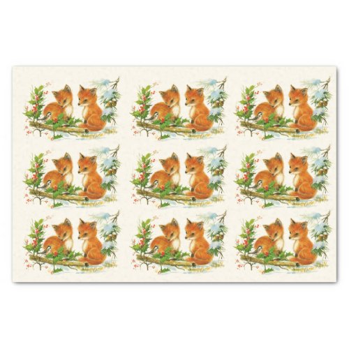 Cute Vintage Foxes Retro Christmas Pattern Tissue Paper