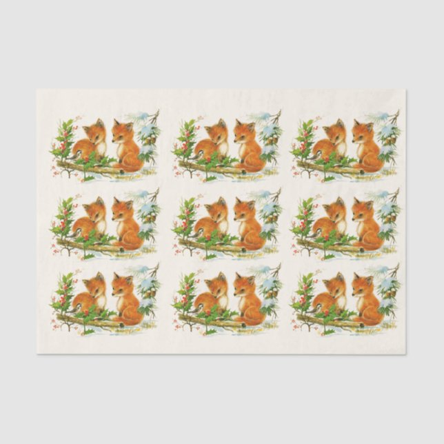 Cute Vintage Foxes Retro Christmas Pattern Tissue Paper (Front)