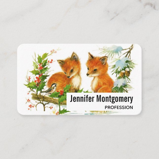 Cute Vintage Foxes Retro Christmas Scene Business Card (Front)