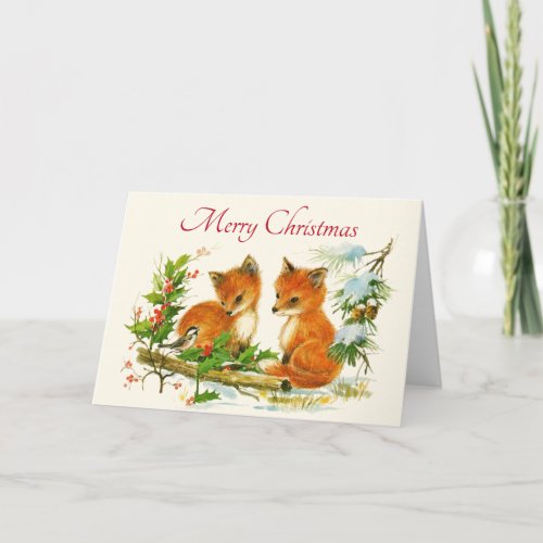 Cute Vintage Foxes Retro Christmas Scene Card