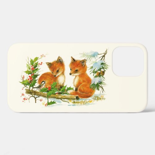 Cute Vintage Foxes Retro Christmas Scene iPhone 12 Case