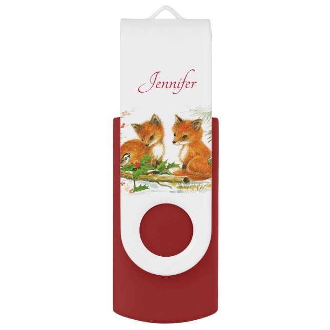  Cute Vintage Foxes Retro Christmas Scene Flash Drive (Front Vertical)