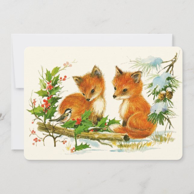 Cute Vintage Foxes Retro Christmas Scene Holiday Card (Front)