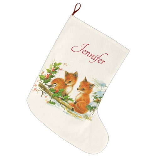  Cute Vintage Foxes Retro Christmas Scene Large Christmas Stocking