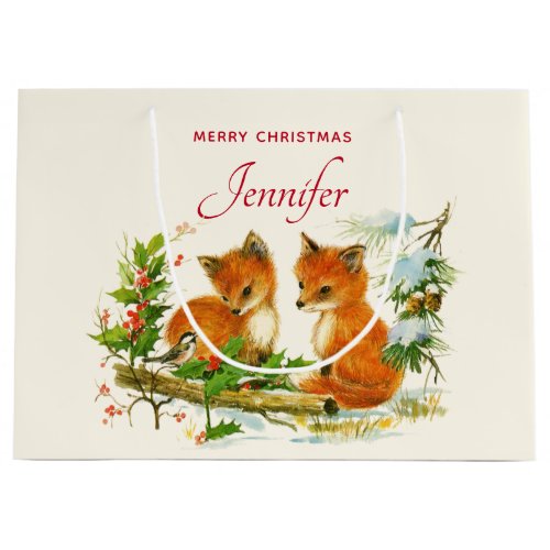 Cute Vintage Foxes Retro Christmas Scene Large Gift Bag