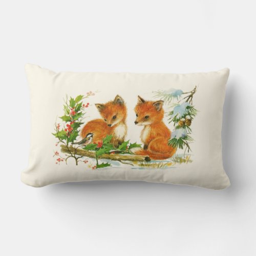 Cute Vintage Foxes Retro Christmas Scene Lumbar Pillow