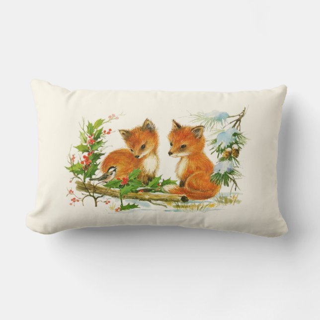 Cute Vintage Foxes Retro Christmas Scene Lumbar Pillow (Front)