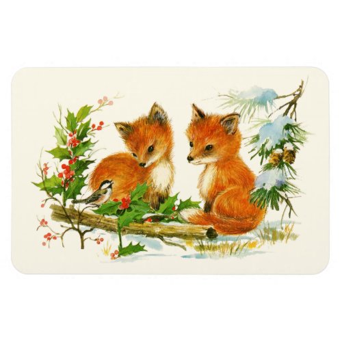 Cute Vintage Foxes Retro Christmas Scene Magnet