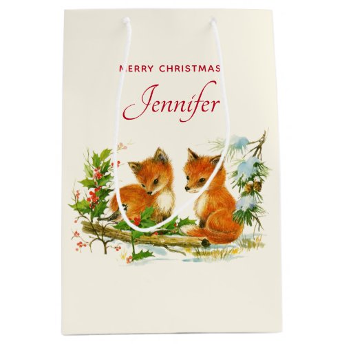 Cute Vintage Foxes Retro Christmas Scene Medium Gift Bag