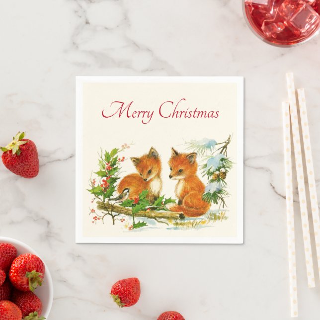 Cute Vintage Foxes Retro Christmas Scene Napkins (Insitu)