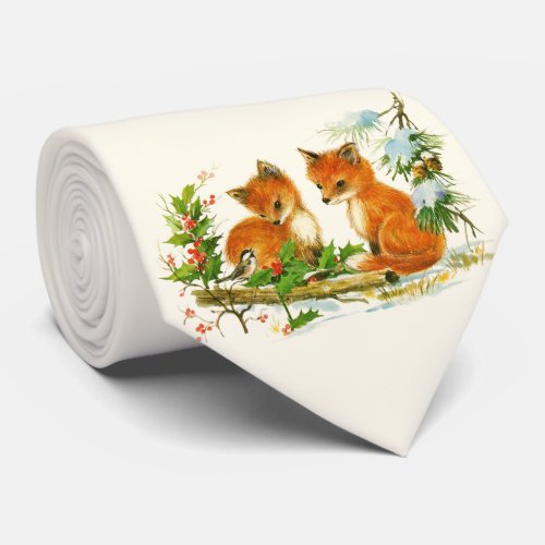 Cute Vintage Foxes Retro Christmas Scene Neck Tie