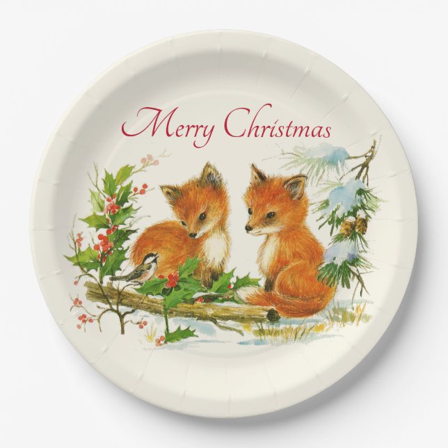 Cute Vintage Foxes Retro Christmas Scene Paper Plates (Front)
