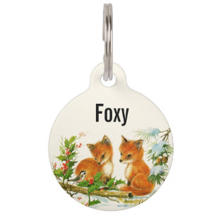 Cute Vintage Foxes Retro Christmas Scene Pet ID Tag