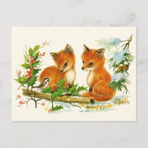 Cute Vintage Foxes Retro Christmas Scene Postcard