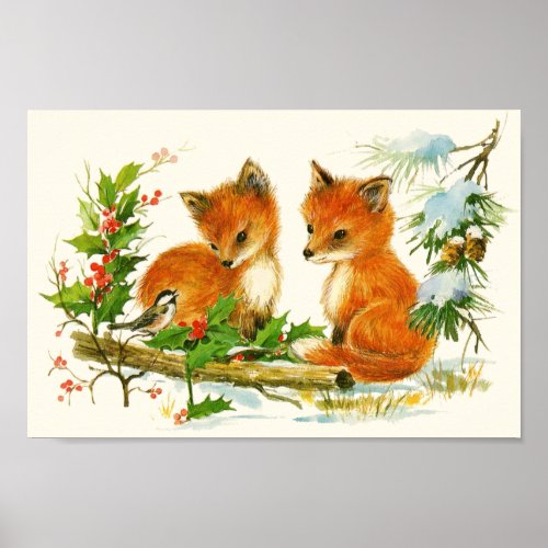 Cute Vintage Foxes Retro Christmas Scene Poster