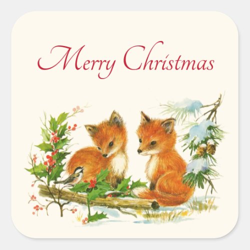 Cute Vintage Foxes Retro Christmas Scene Square Sticker