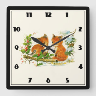 Cute Vintage Foxes Retro Christmas Scene Square Wall Clock