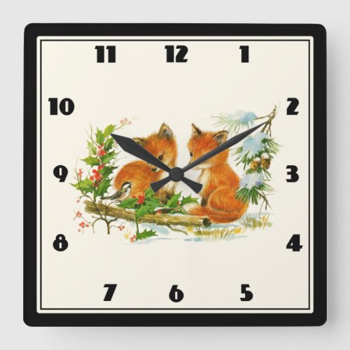 Cute Vintage Foxes Retro Christmas Scene Square Wall Clock