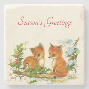 Cute Vintage Foxes Retro Christmas Scene Stone Coaster