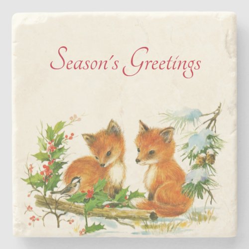 Cute Vintage Foxes Retro Christmas Scene Stone Coaster