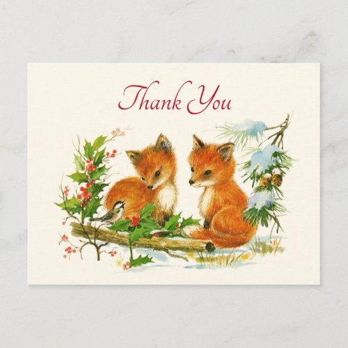 Cute Vintage Foxes Retro Christmas Scene Thank You Postcard