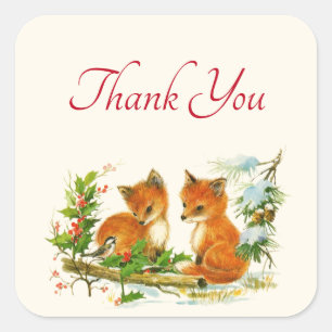 Cute Vintage Foxes Retro Christmas Scene Thank You Square Sticker
