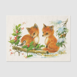 Cute Vintage Foxes Retro Christmas Scene Tissue Paper