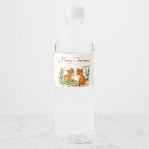 Cute Vintage Foxes Retro Christmas Scene Water Bottle Label