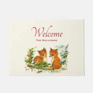 Cute Vintage Foxes Retro Christmas Scene Welcome Doormat