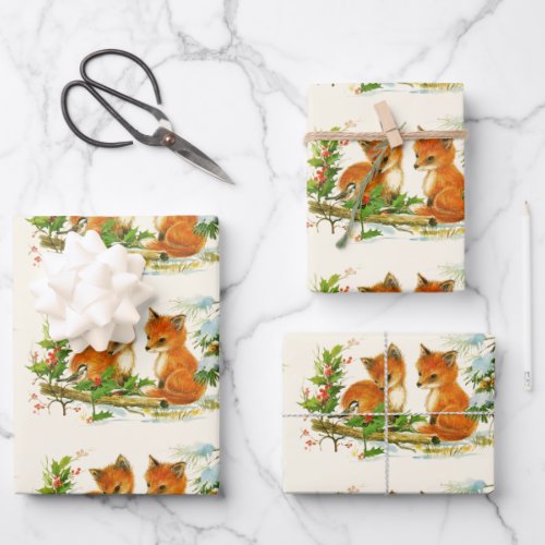 Cute Vintage Foxes Retro Christmas Scene Wrapping Paper Sheets