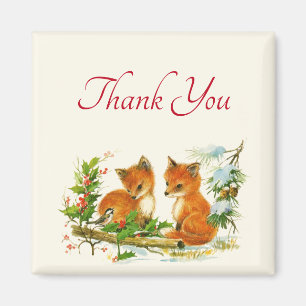 Cute Vintage Foxes Retro Christmas Thank You Magnet