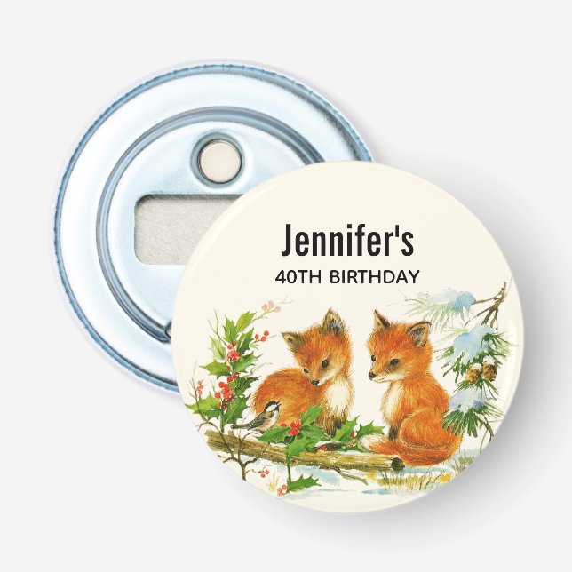Cute Vintage Foxes Retro Winter Birthday Bottle Opener (Front)
