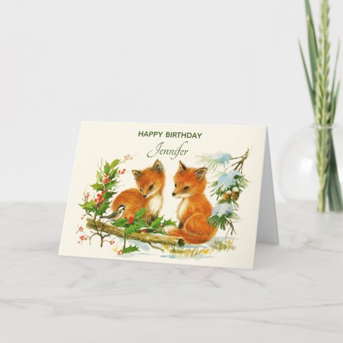 Cute Vintage Foxes Retro Winter Scene Birthday Card
