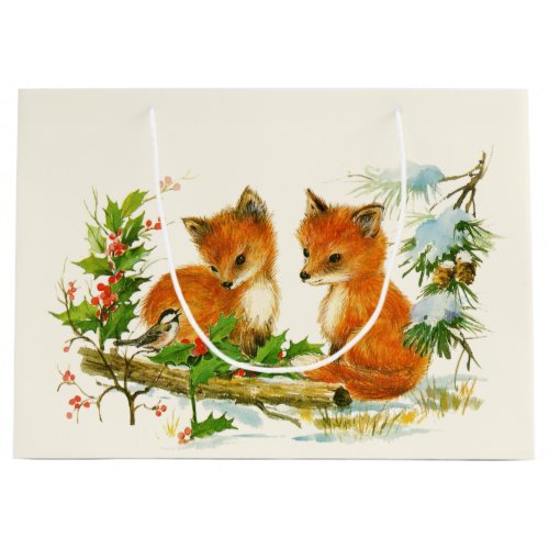 Cute Vintage Foxes Retro Winter Scene Large Gift Bag