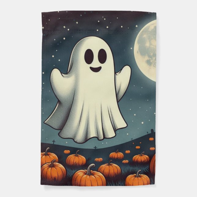 Cute, vintage ghost & pumpkin halloween art garden flag (Front)