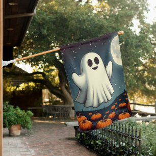 Cute, vintage ghost & pumpkin halloween art house flag